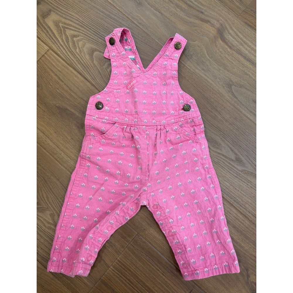Vtg Oshkosh Overalls‎ Romper 12 months Pink Cotton denim vestbak Floral Retro